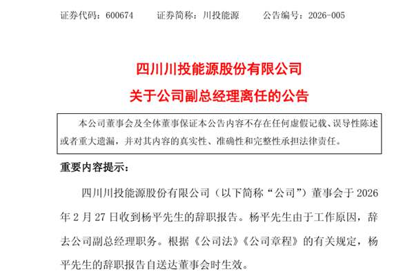川投能源副總經(jīng)理離任